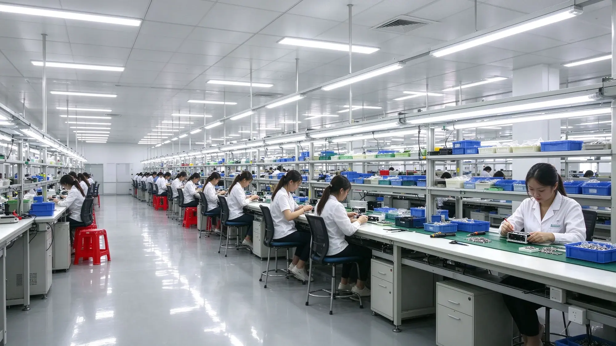 Staff working at assembly benches in the Colight production workshop