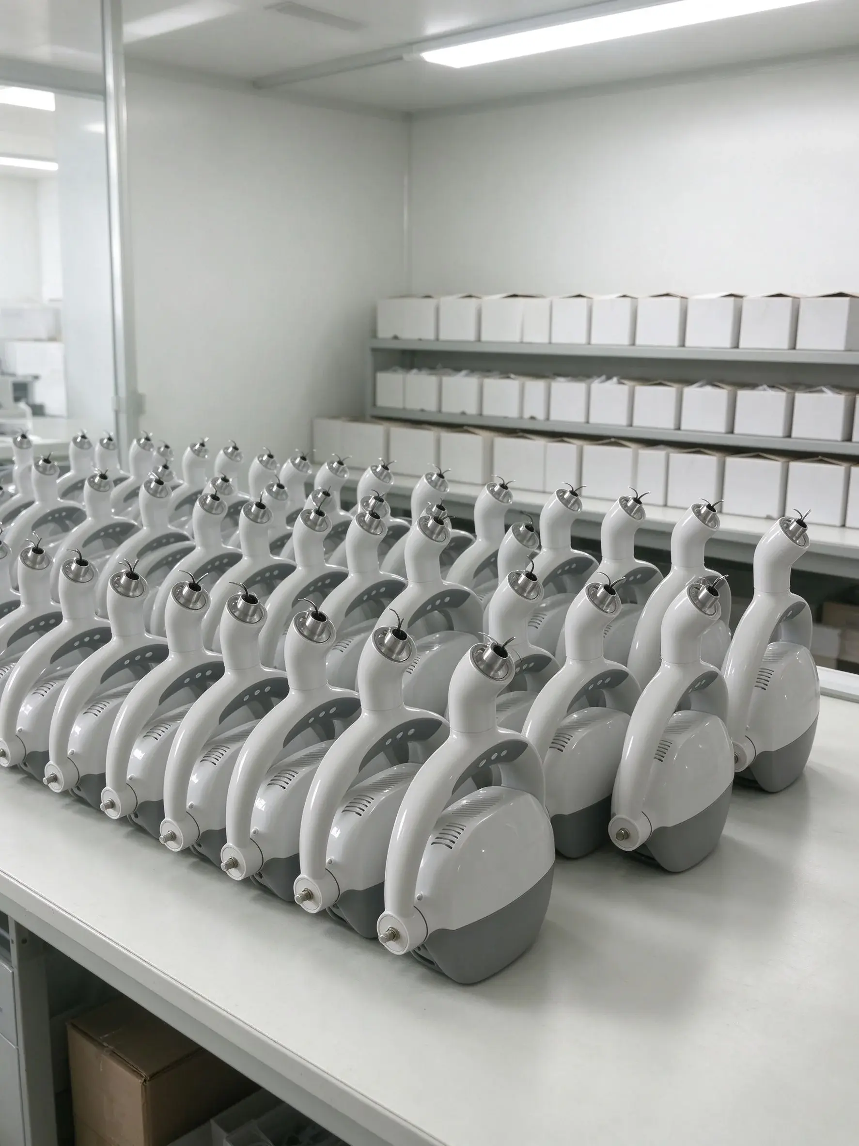 Rows of Colight dental light heads in the production area