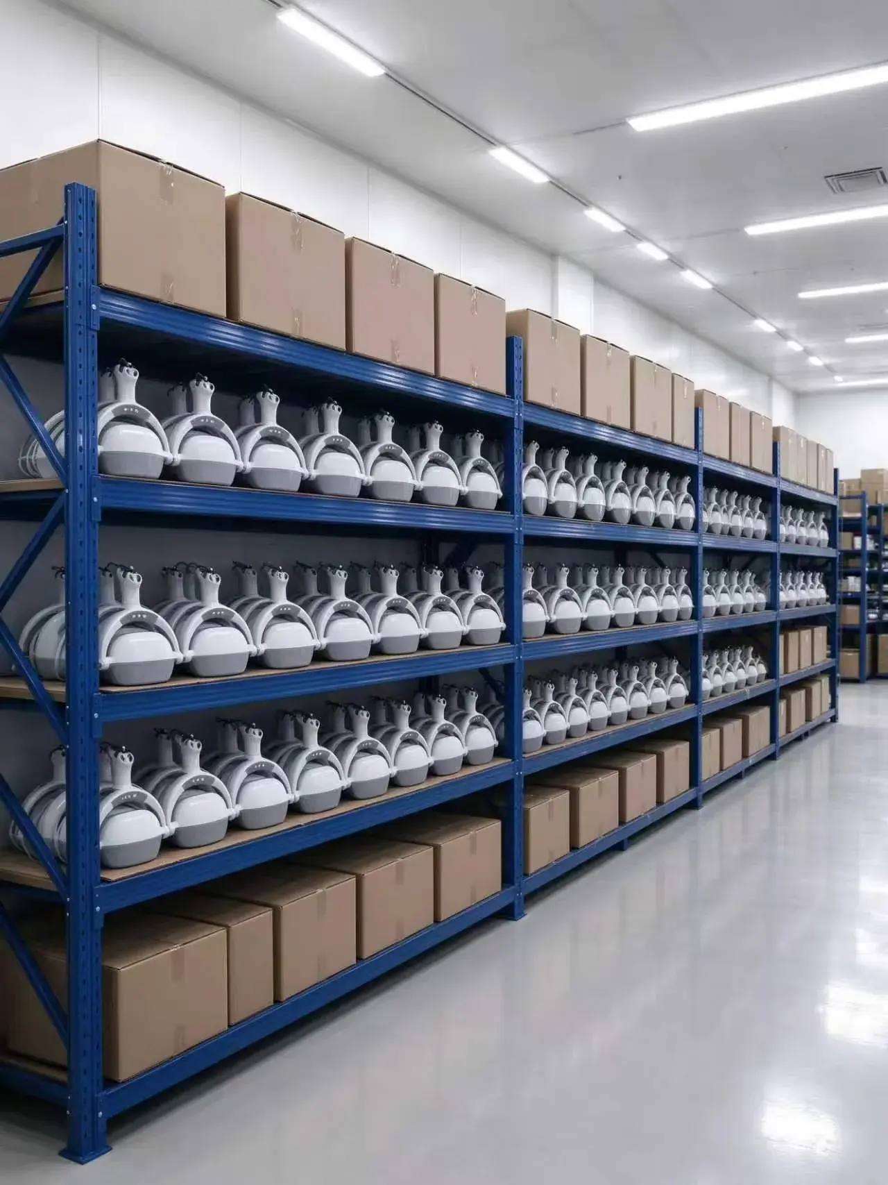 Dental light heads and cartons arranged on factory storage racks