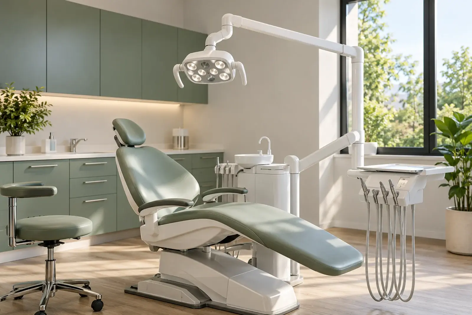 Generic articulated lamp arm above a reclined dental chair in an empty operatory