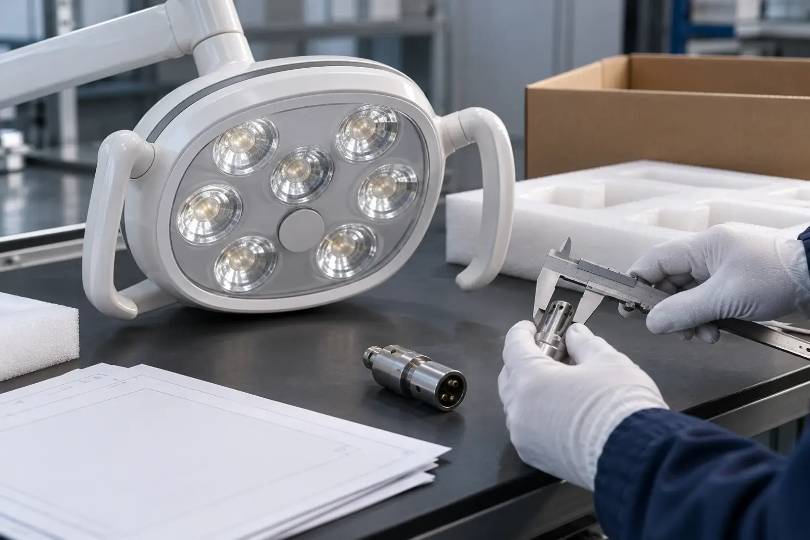 Generic lamp sample, connector and blank approval sheets on an engineering bench