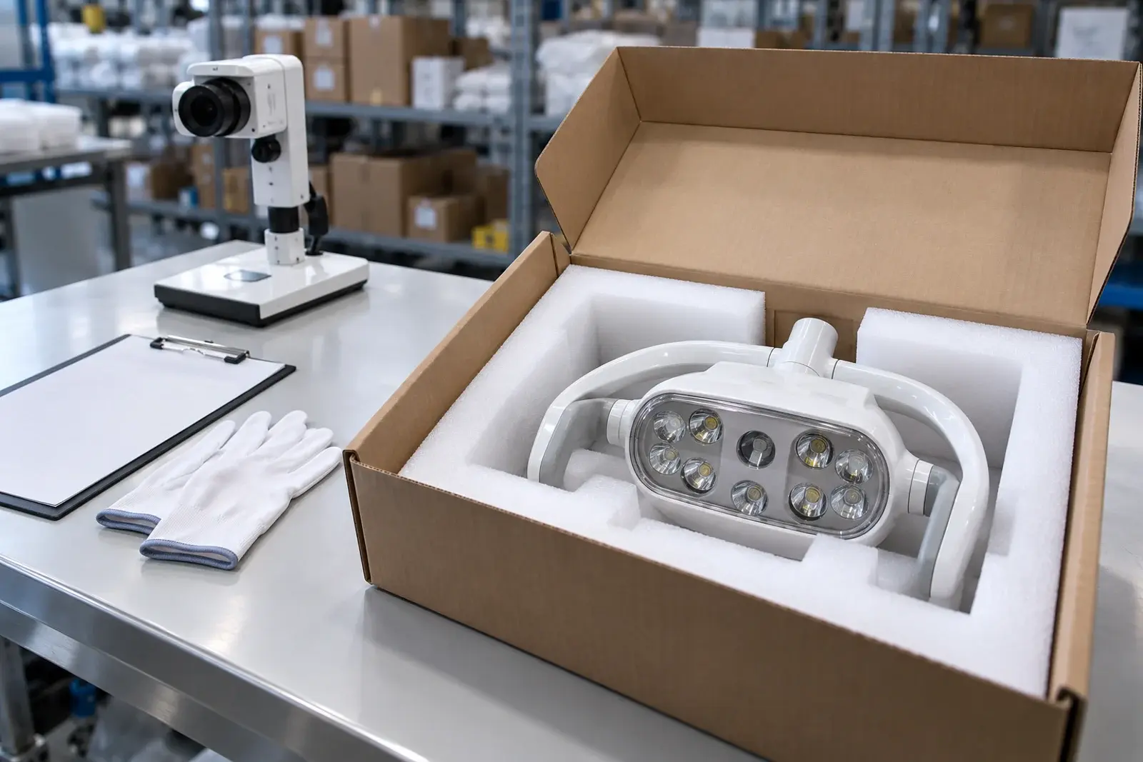 Generic dental lamp in protective foam at an incoming inspection station