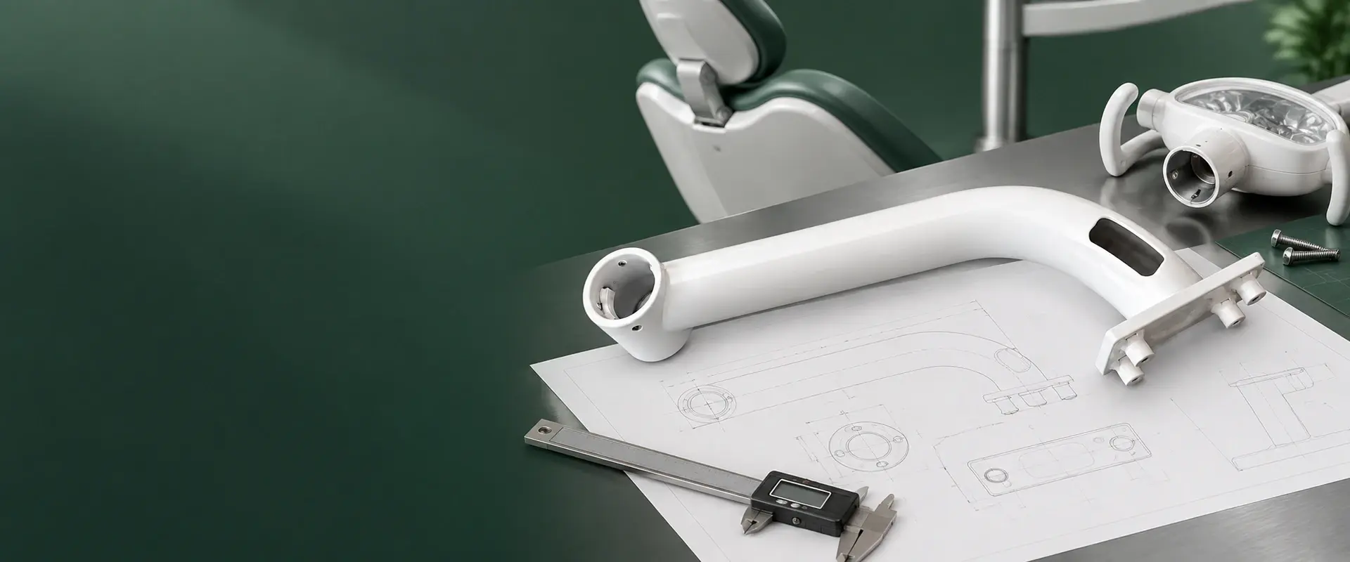 Denta Devices dental lamp arm beside engineering drawings and precision measurement tools
