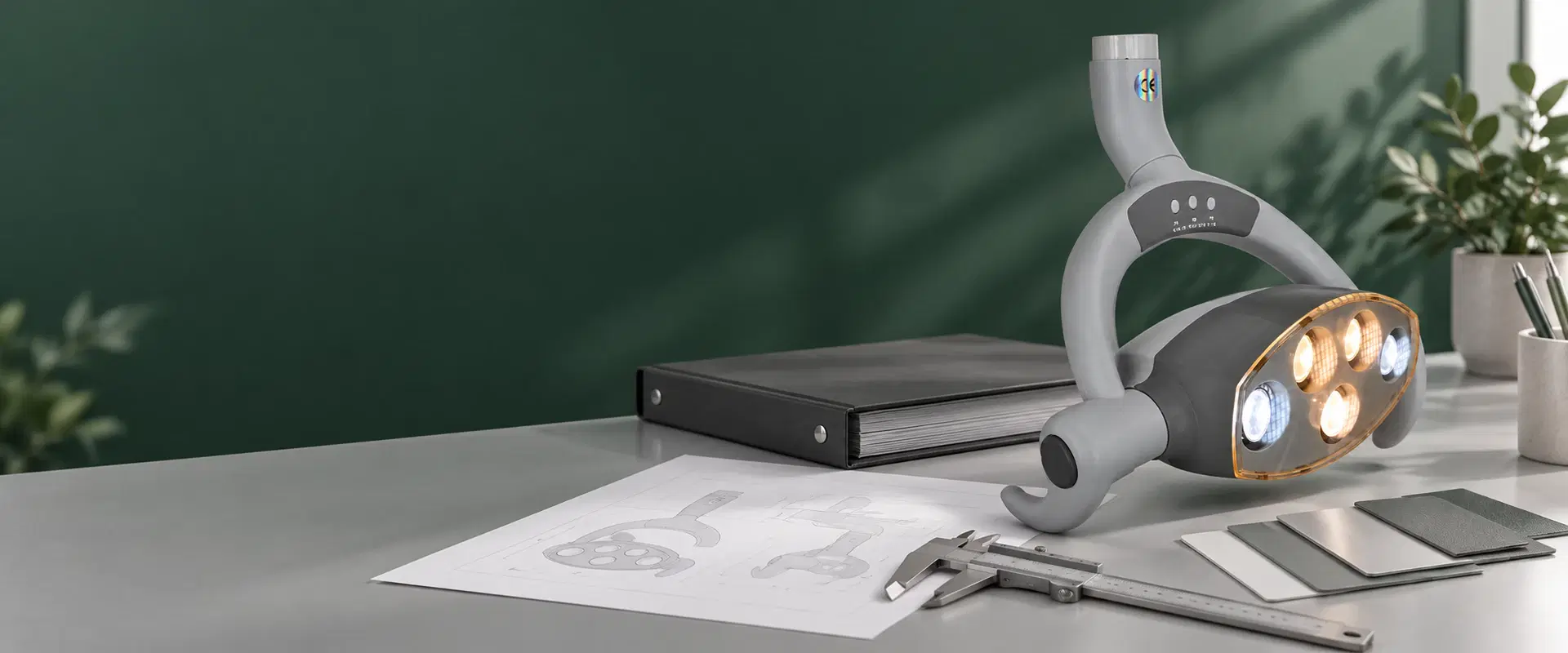 Denta Devices five-LED dental light beside technical drawings, material samples, and inspection tools