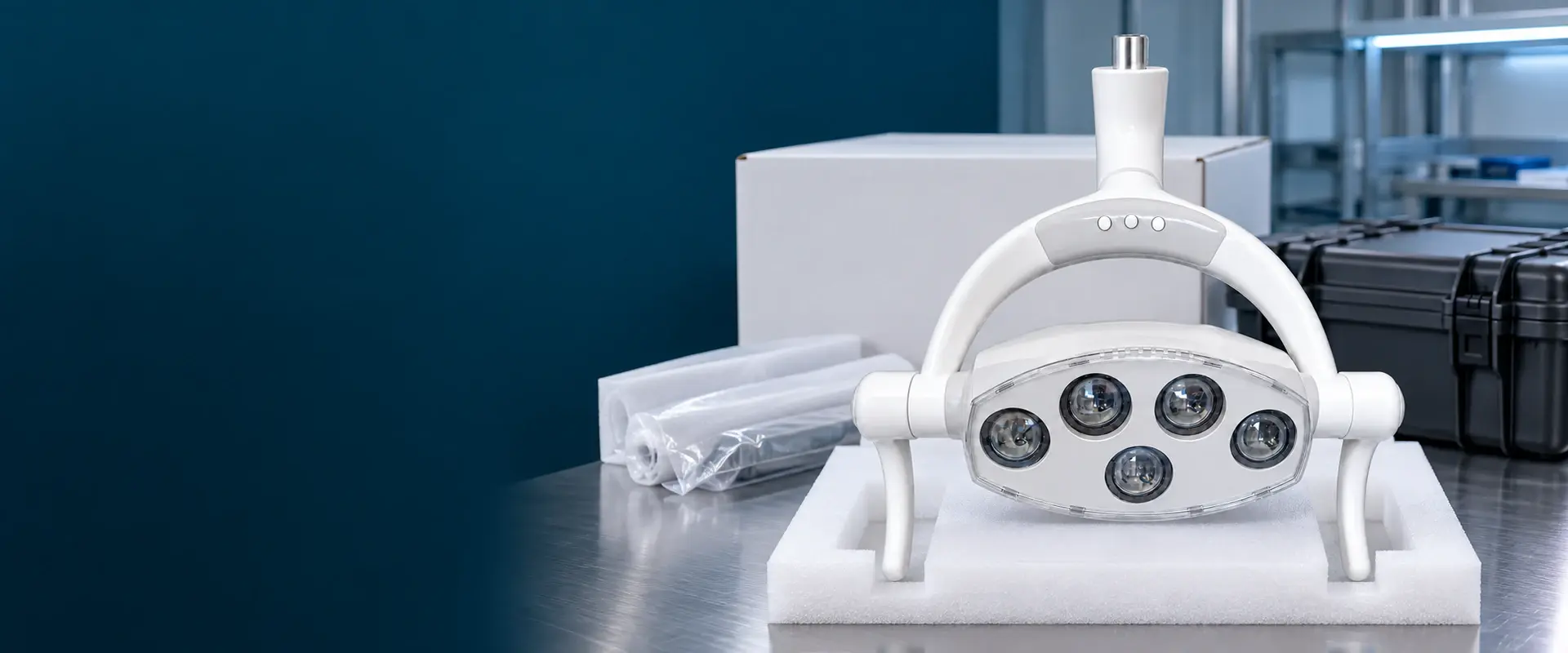 Five-LED dental light protected in a medical-device packaging validation setting