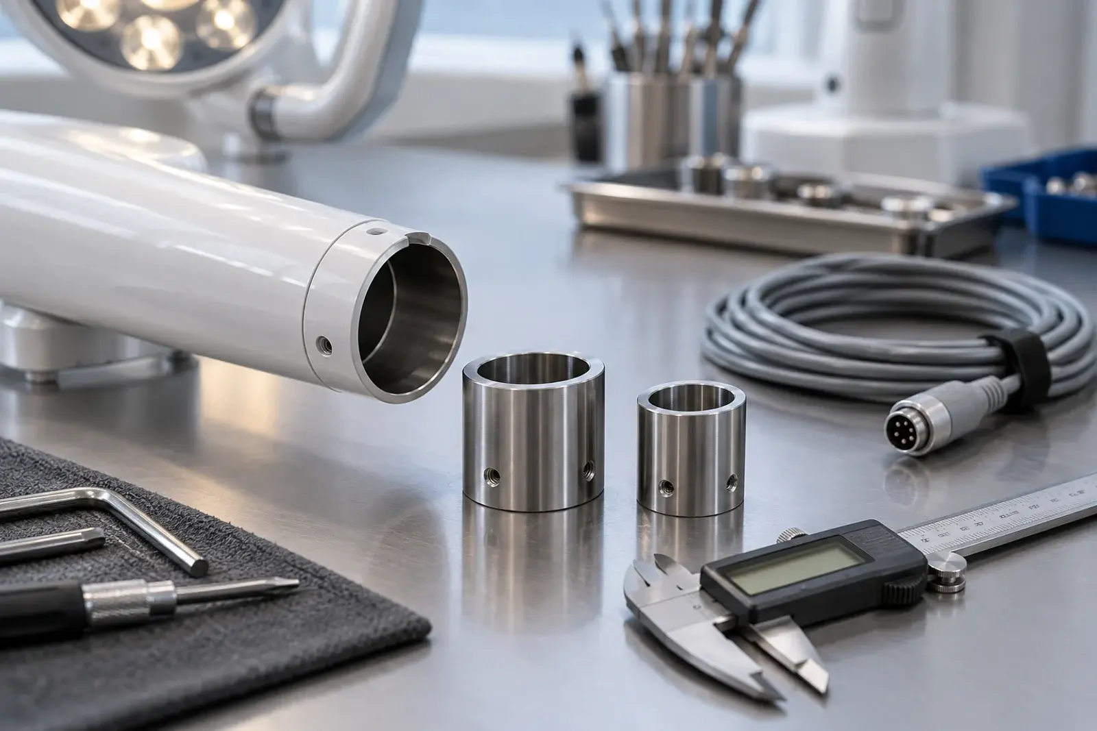 Generic mounting sleeves, a lamp tube, caliper and disconnected cable on a bench