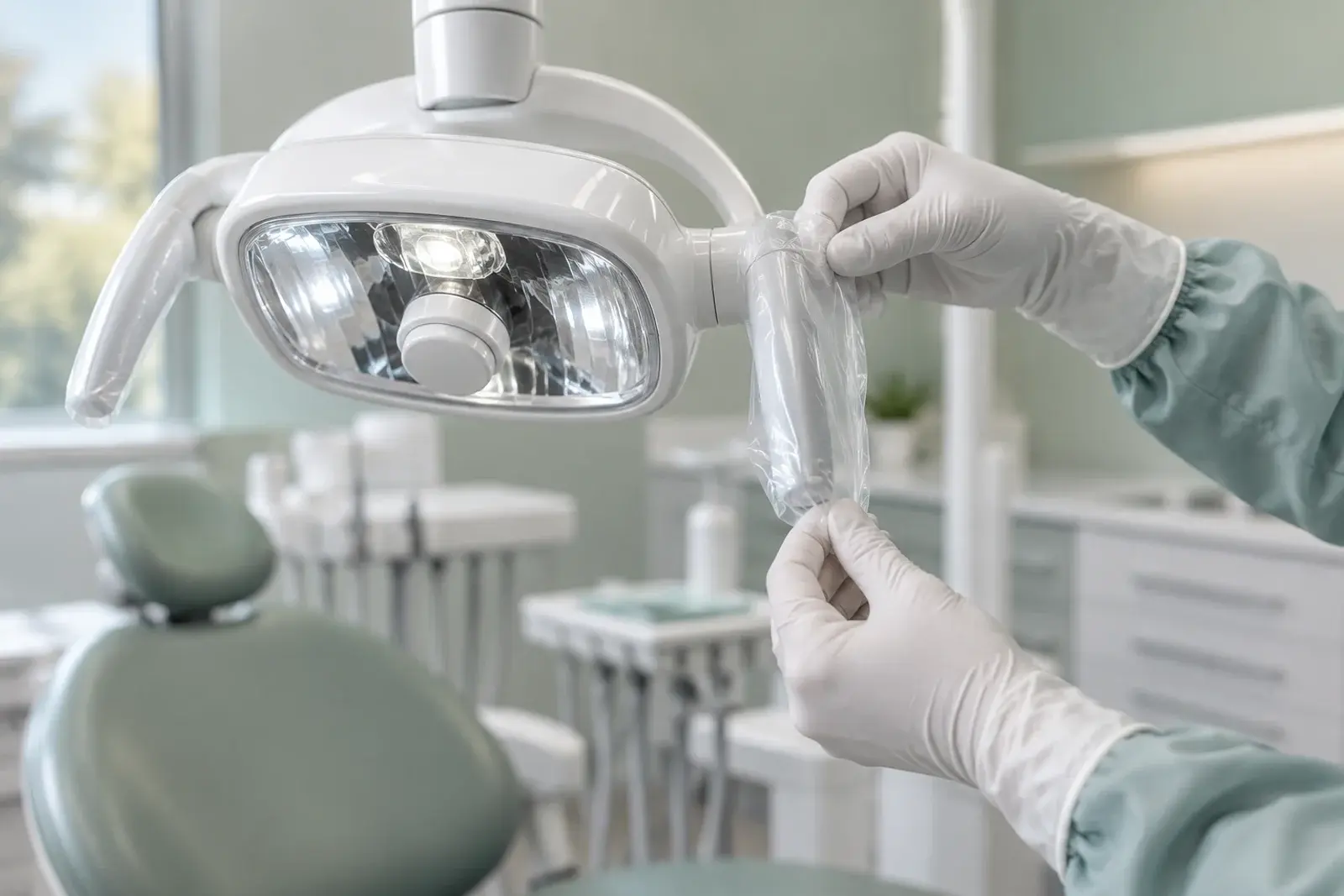 Gloved hand placing a clear barrier sleeve over a generic dental light handle