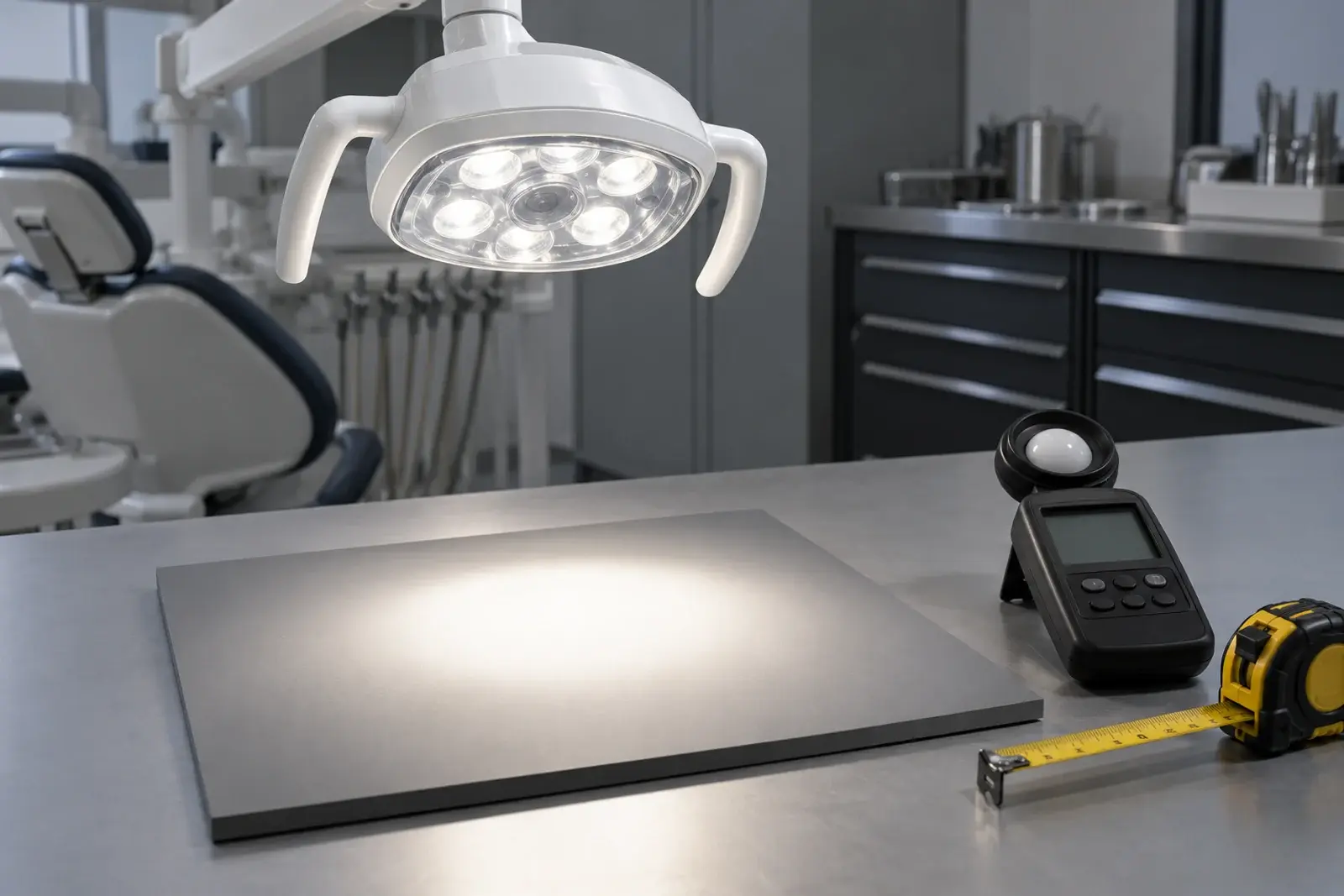Conceptual dental-light evaluation bench with a meter and neutral target