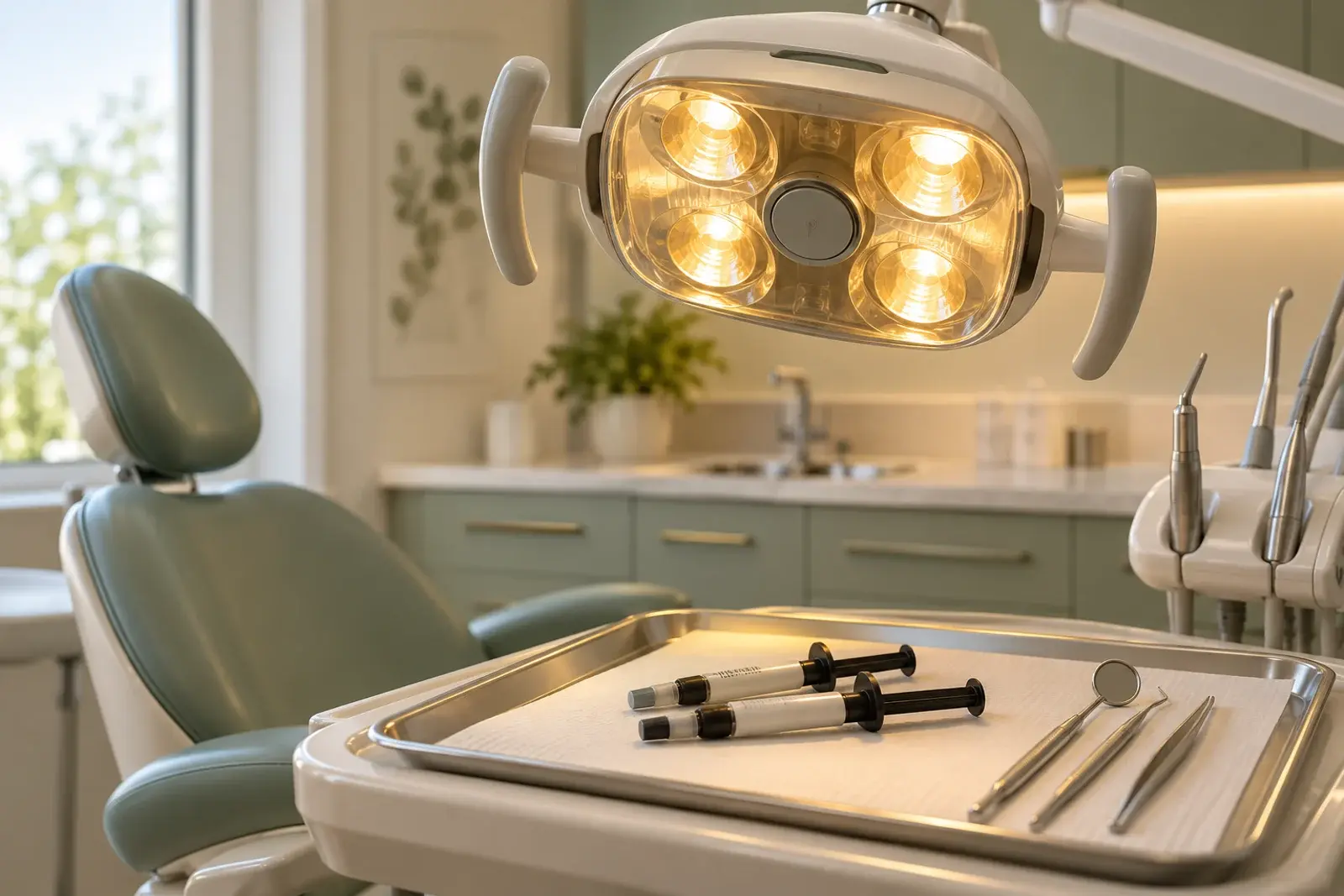 Generic operating lamp casting warm yellow light over a dental tray